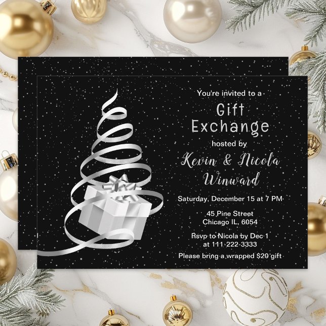 Silver and Black Christmas Gift Exchange Invitation (Creator Uploaded)