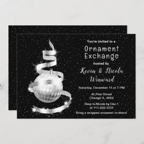 Silver and Black Christmas Ornament Exchange Invitation