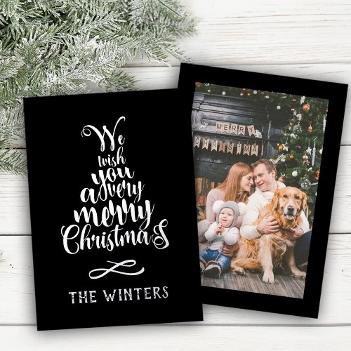 Silver and Black Christmas Tree Lettering Photo Foil Holiday Card
