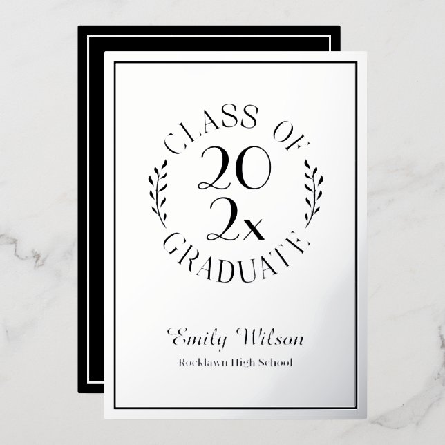 Silver and Black Class Of 2025 Graduation Party Foil Invitation (Front/Back)