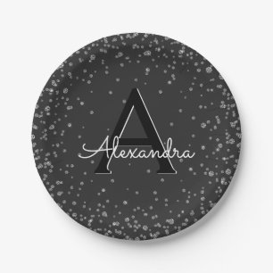 Silver and Black Confetti Monogram Birthday Paper Plates