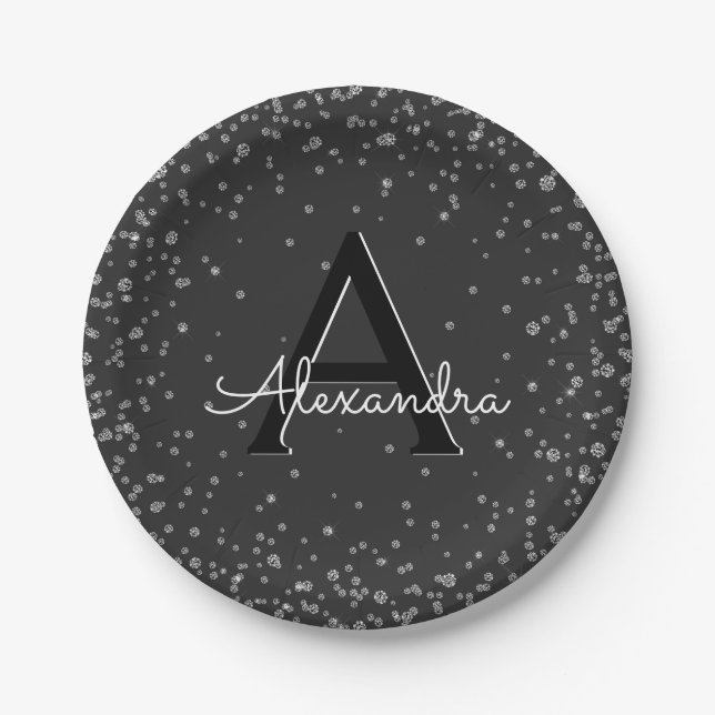 Silver and Black Confetti Monogram Birthday Paper Plates (Front)