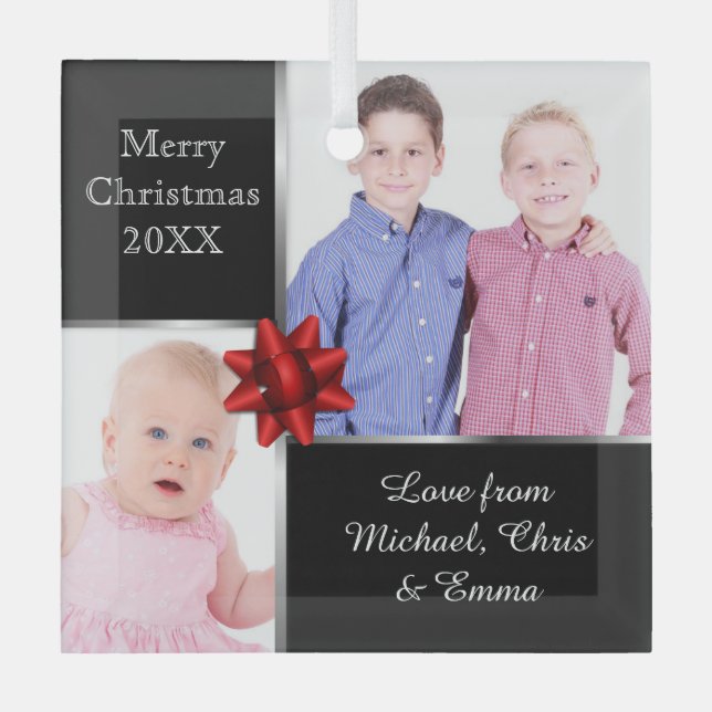 Silver and Black Custom Photo Personalised  Glass Ornament (Front)