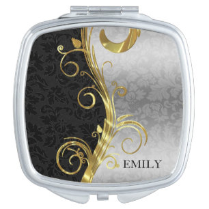 Silver And Black Damask And Gold Swirl Makeup Mirror