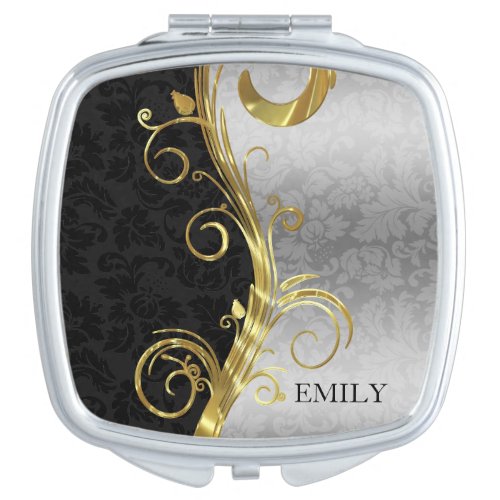 Silver And Black Damask And Gold Swirl Makeup Mirror