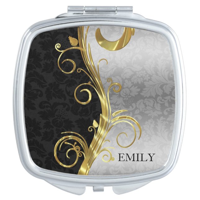 Silver And Black Damask And Gold Swirl Makeup Mirror (Front)