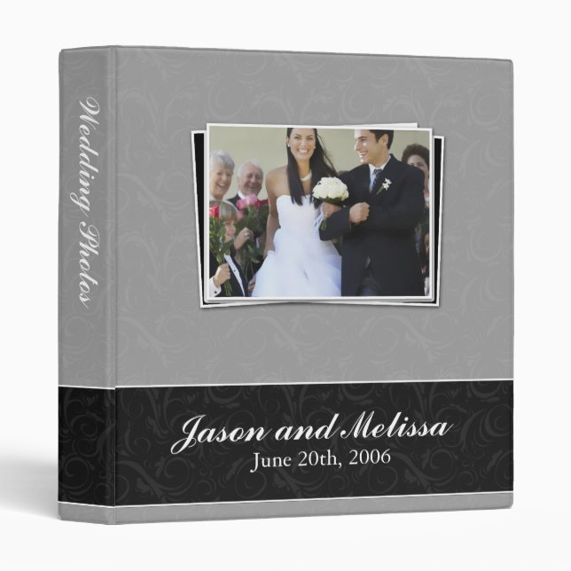 Silver and Black Damask Pattern Custom Wedding 3 Ring Binder (Front/Spine)