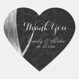Silver And Black Damask-Thank You Heart Sticker