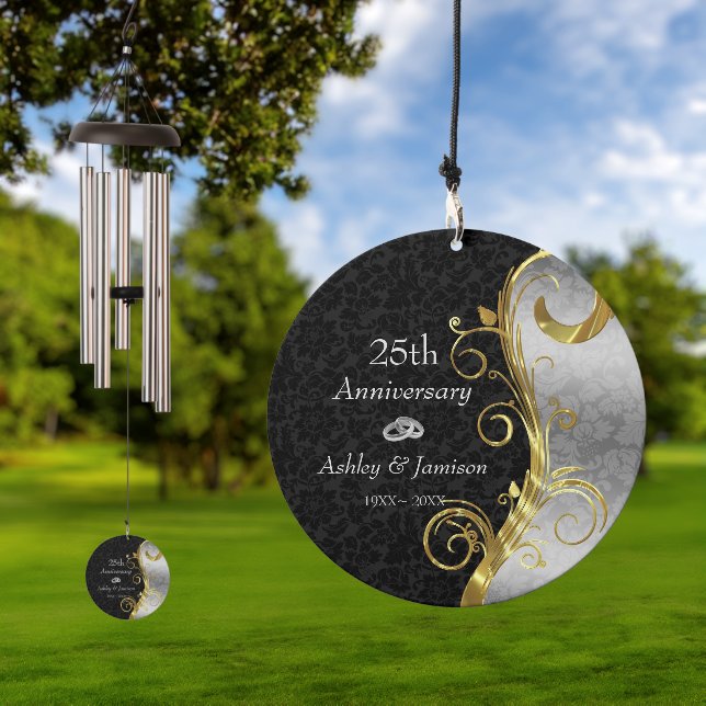 Silver And Black Damask Wedding Anniversary Wind Chime (Outdoor)