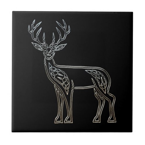 Silver And Black Deer Celtic Style Knot Ceramic Tile