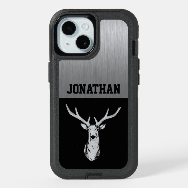 Silver and Black Deer Hunting Monogram iPhone 15 Case (Back)