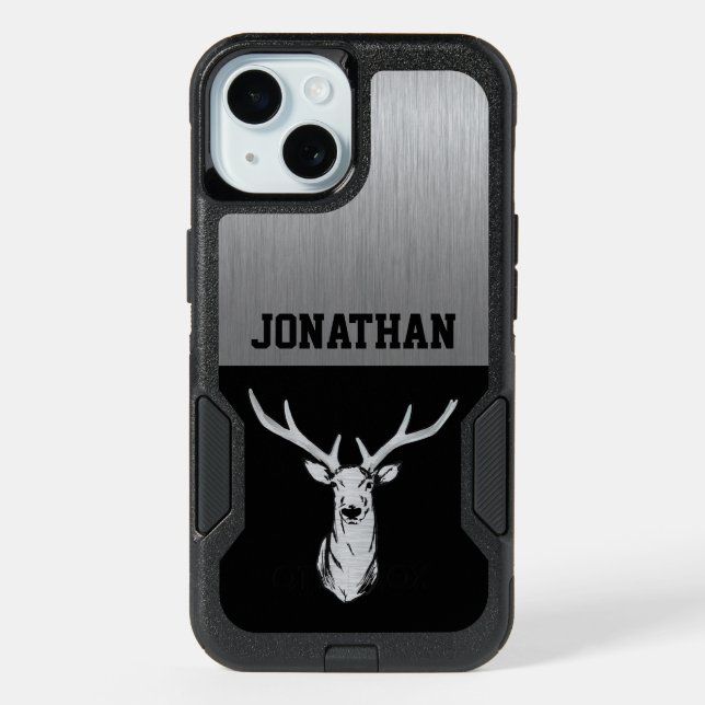 Silver and Black Deer Hunting Monogram iPhone 15 Case (Back)