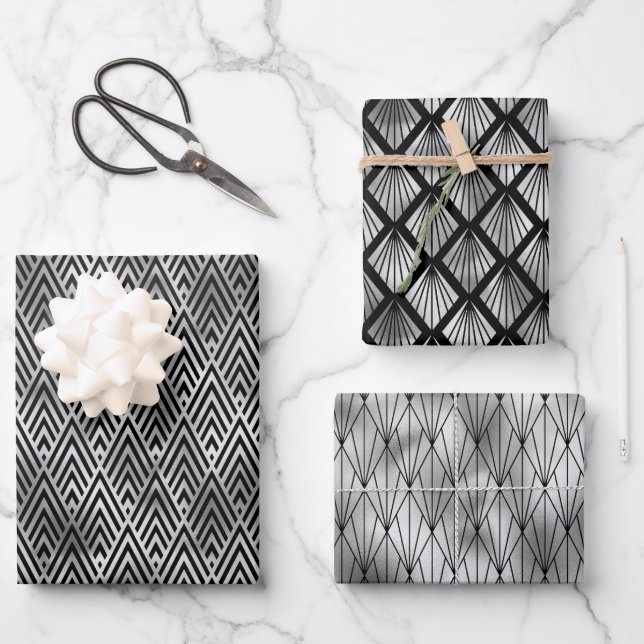 Silver and Black Diamond Art Deco Patterns Wrapping Paper Sheets (Front)