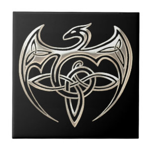 Silver And Black Dragon Trine Celtic Knots Art Ceramic Tile