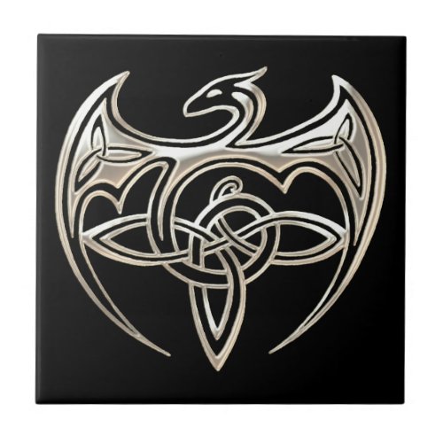 Silver And Black Dragon Trine Celtic Knots Art Ceramic Tile