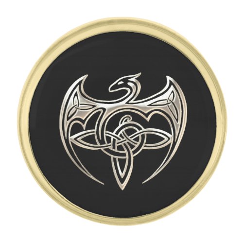 Silver And Black Dragon Trine Celtic Knots Art Gold Finish Lapel Pin