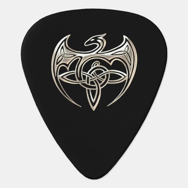 Silver And Black Dragon Trine Celtic Knots Art Guitar Pick (Front)