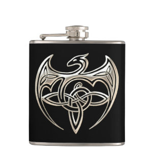 Silver And Black Dragon Trine Celtic Knots Art Hip Flask