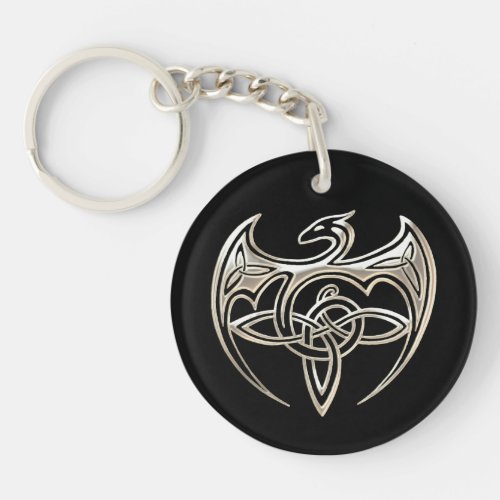 Silver And Black Dragon Trine Celtic Knots Art Keychain