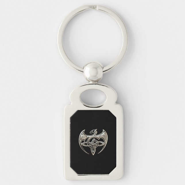 Silver And Black Dragon Trine Celtic Knots Art Keychain (Front)