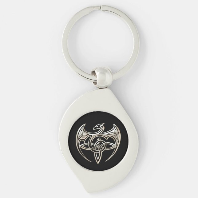 Silver And Black Dragon Trine Celtic Knots Art Keychain (Front)