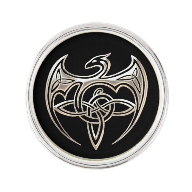 Silver And Black Dragon Trine Celtic Knots Art Lapel Pin (Front)