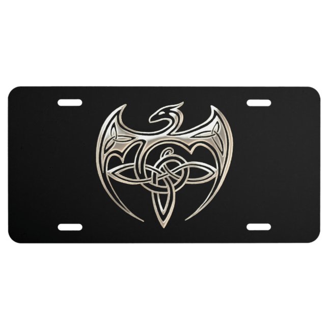 Silver And Black Dragon Trine Celtic Knots Art License Plate (Front)