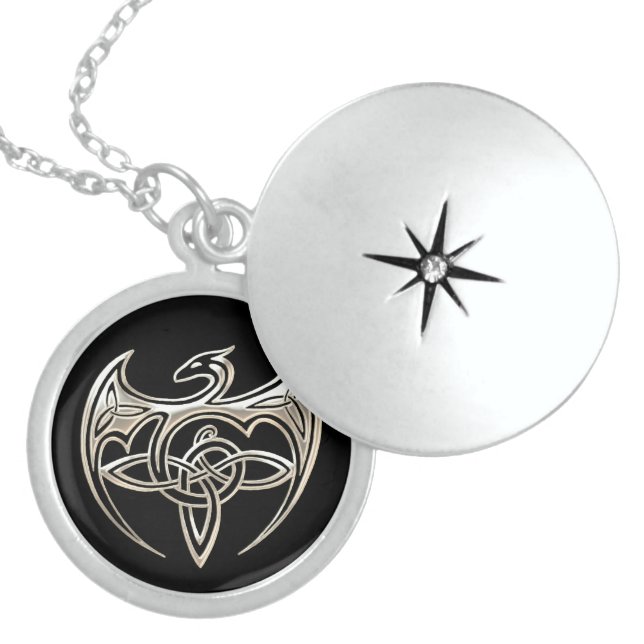 Silver And Black Dragon Trine Celtic Knots Art Locket Necklace (Front)