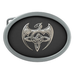Silver And Black Dragon Trine Celtic Knots Art Oval Belt Buckle