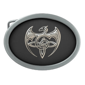 Silver And Black Dragon Trine Celtic Knots Art Oval Belt Buckle