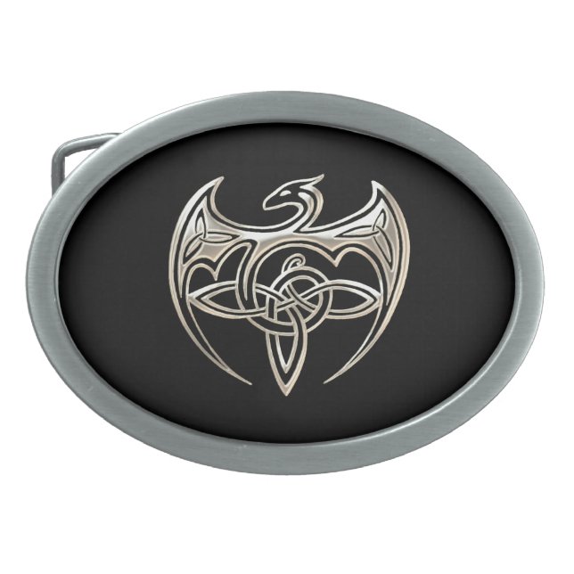 Silver And Black Dragon Trine Celtic Knots Art Oval Belt Buckle (Front)