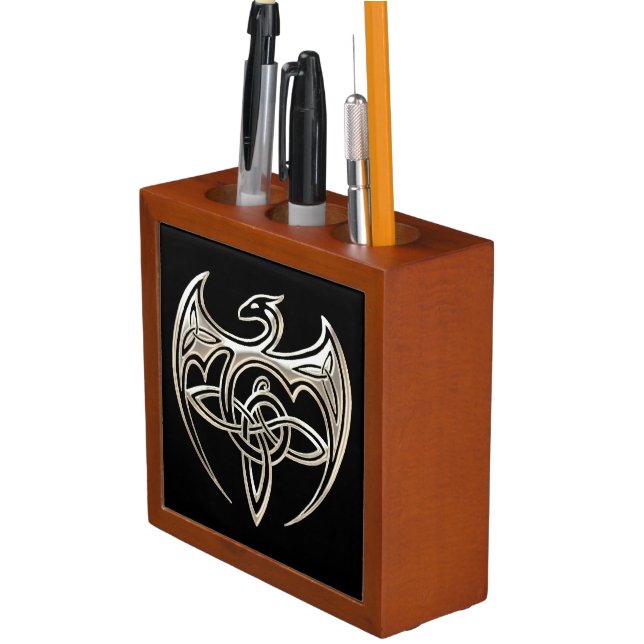 Silver And Black Dragon Trine Celtic Knots Art Pencil/Pen Holder (In Situ)