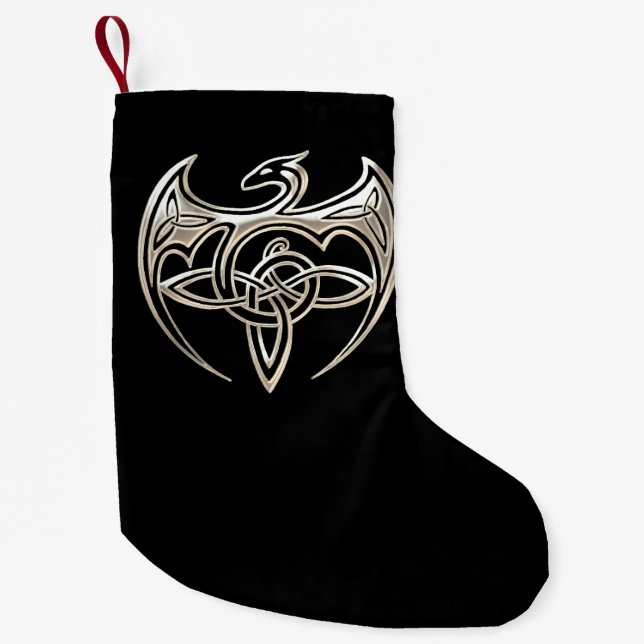 Silver And Black Dragon Trine Celtic Knots Art Small Christmas Stocking (Front)