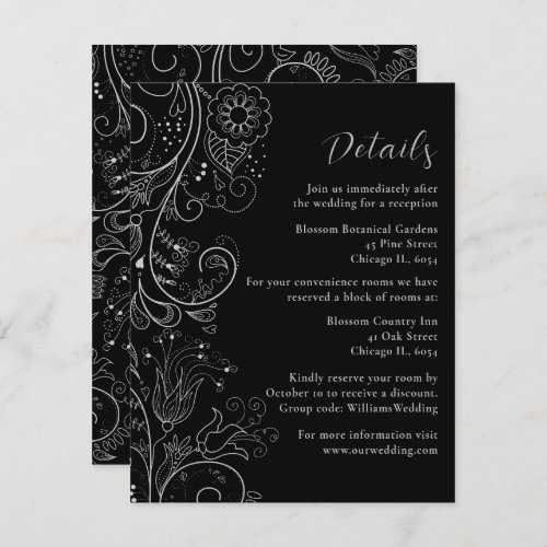 Silver and Black Elegant Floral Wedding Details Enclosure Card