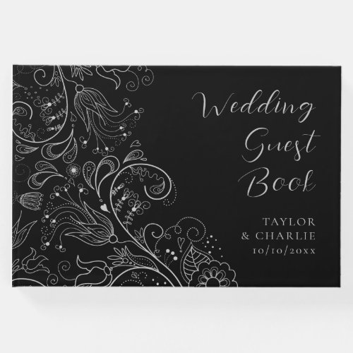 Silver and Black Elegant Floral Wedding Guest Book
