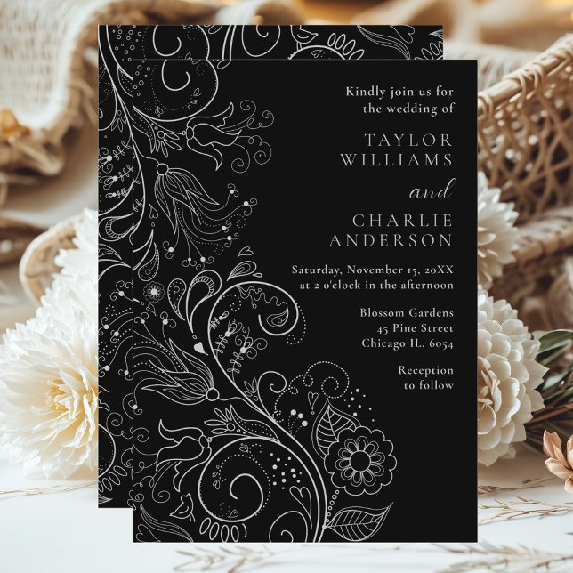 Silver and Black Elegant Floral Wedding Invitation (Creator Uploaded)