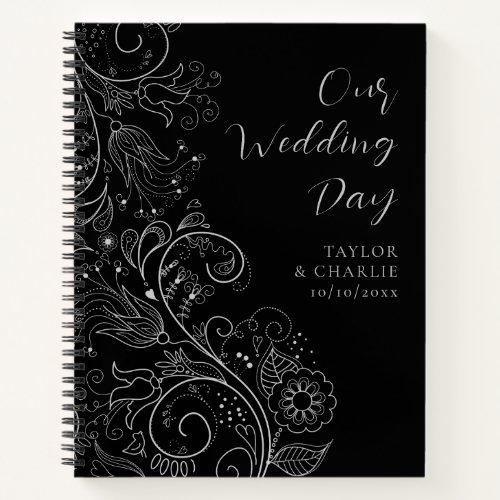 Silver and Black Elegant Floral Wedding Notebook