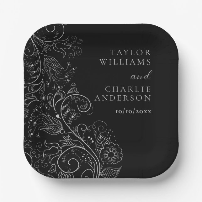 Silver and Black Elegant Floral Wedding Paper Plates (Front)