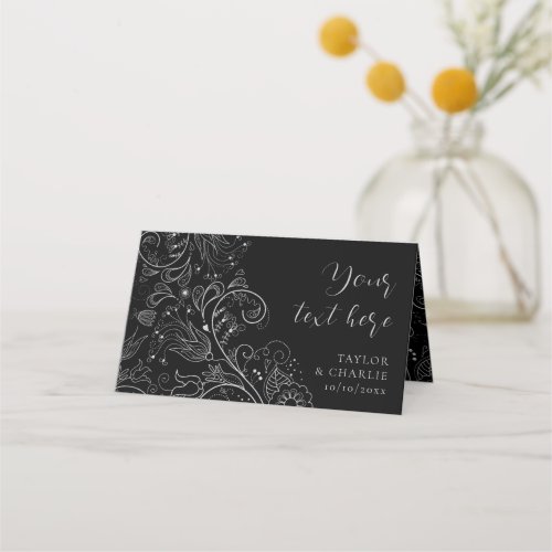 Silver and Black Elegant Floral Wedding Place Card