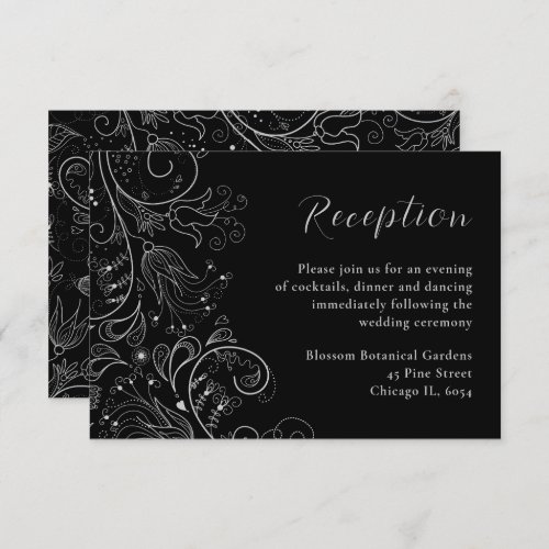 Silver and Black Elegant Floral Wedding Reception Enclosure Card