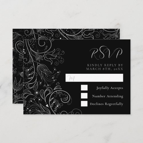 Silver and Black Elegant Floral Wedding RSVP Card
