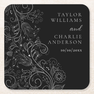 Silver and Black Elegant Floral Wedding Square Paper Coaster