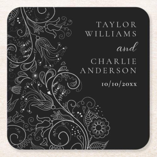 Silver and Black Elegant Floral Wedding Square Paper Coaster