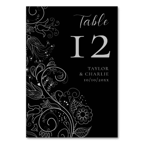 Silver and Black Elegant Floral Wedding Table Number