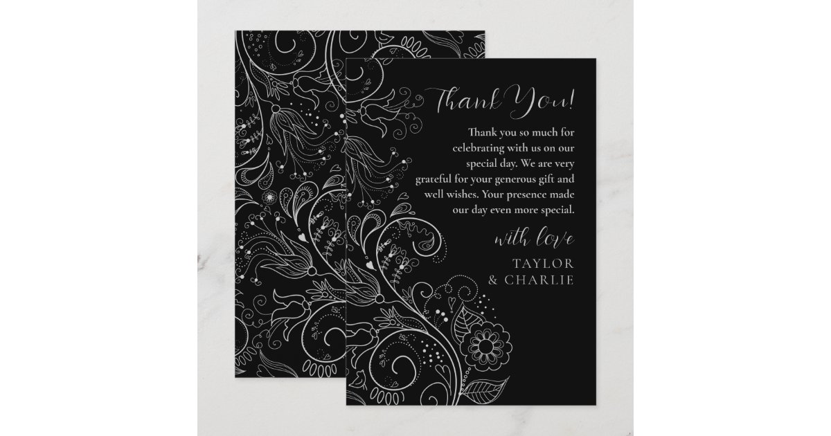 Silver and Black Elegant Floral Wedding Thank You Card | Zazzle