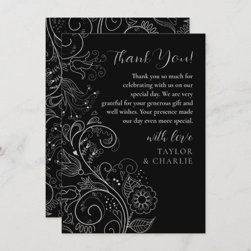 Silver and Black Elegant Floral Wedding Thank You Card