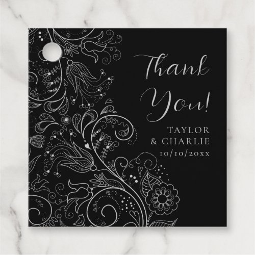 Silver and Black Elegant Floral Wedding Thank You Favor Tags