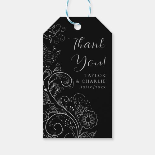Silver and Black Elegant Floral Wedding Thank You Gift Tags