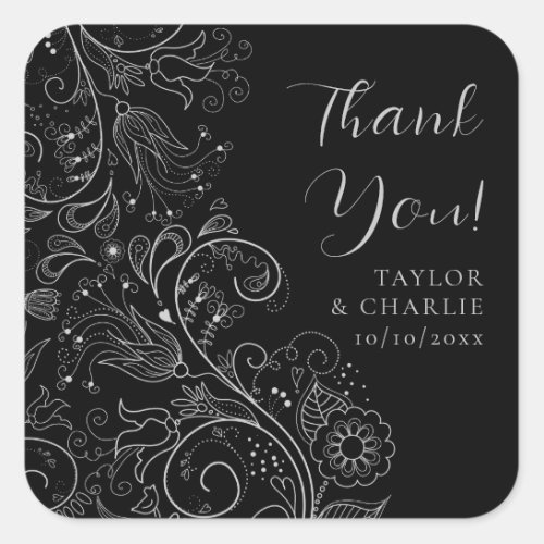 Silver and Black Elegant Floral Wedding Thank You Square Sticker
