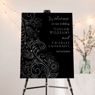 Silver and Black Elegant Floral Wedding Welcome Foam Board